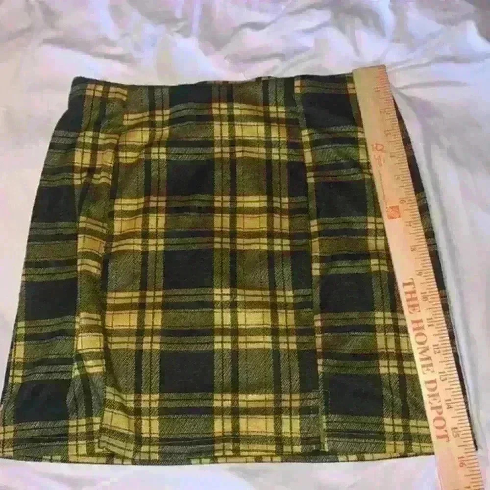 HESPERUS WOMEN'S SLIP ON PLAID SKIRT w/FRONT SLITS SIZE STRETCHY LARGE NWOT